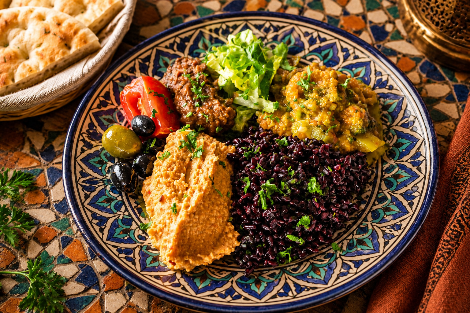 morocco, mediterranean, mezze, olives, hummus, black rice, harira vegetables, zaalouk, salad